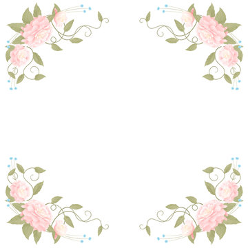 Square romantic frame with pink peonies on a white background, corner bouquets of flowers, decoration