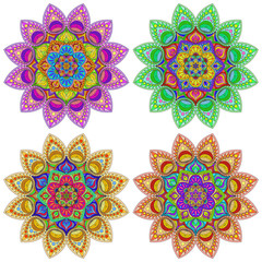 A set of colorful mandalas on a white background, round Indian patterns