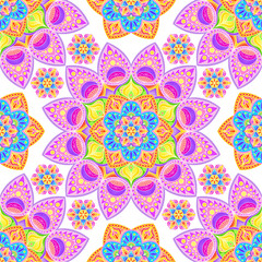 Seamless bright pattern with mandalas. Indian ornament, colorful fractals