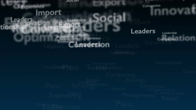 Deep blue background with subject words, which deal with marketing. The bold word is situated on the centre of composition. Close up. Copy space. 3D. Animatiom. 4K.