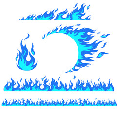 Set of flame elements on a white background, blue fire. Horizontal pattern of fire, fire around the wheel. © lidiia
