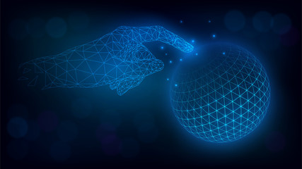 Low polygonal hand touch blue Earth, communication technologies. Internet, web, globalization