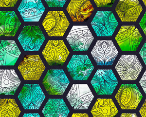 Seamless green watercolor pattern with hexagons. Indian pattern, oriental pattern