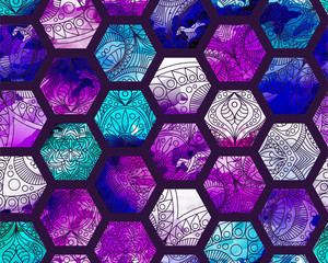 Seamless purple watercolor pattern with hexagons. Indian pattern, oriental pattern