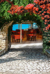 Beautiful red flowers grow over the top of the stone arch serving as an entrance