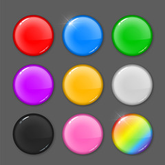 Set of colored round blots. Drops of paint. Glossy round frames. Buttons