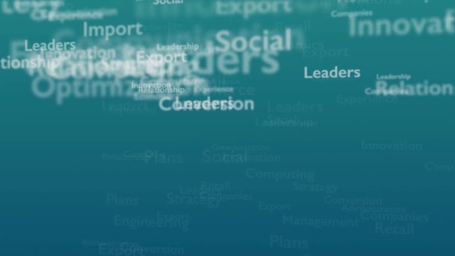 Light blue background with subject words, which deal with marketing. The bold word is situated on the centre of composition. Close up. Copy space. 3D. Animatiom. 4K.