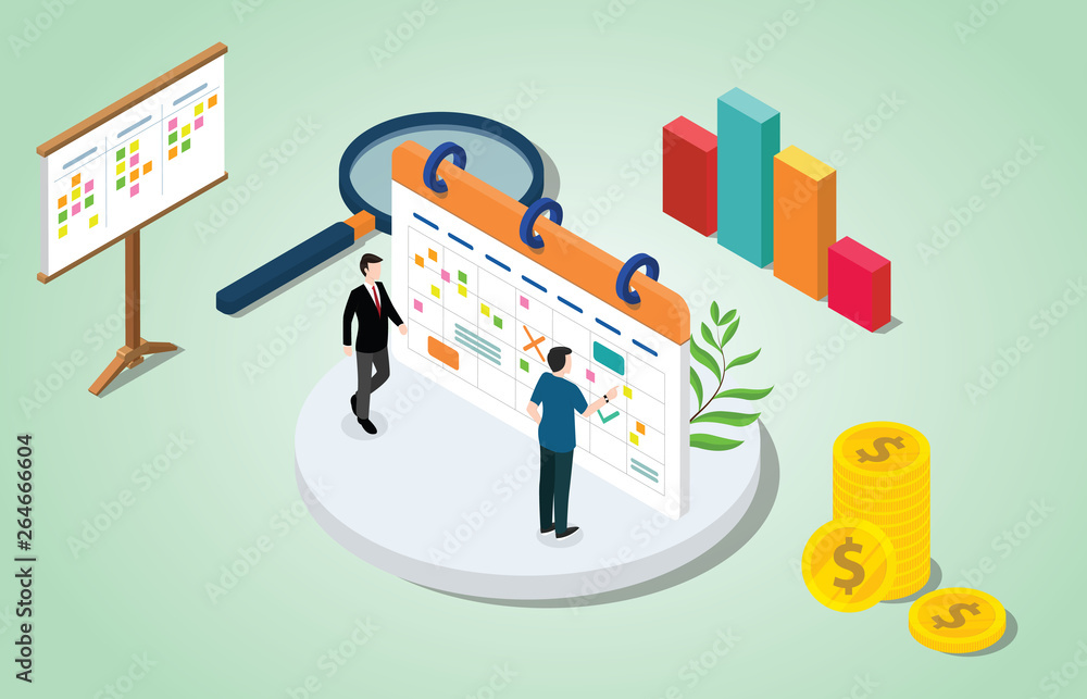 Poster isometric 3d project management concept with business calendar and todo list sticky notes for work -