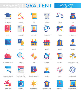 Vector set of trendy flat gradient Legal, law and justice icons.