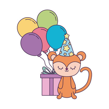 cute monkey with gift box and balloons helium