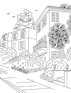 Hand drawn black and white illustration of a middle class suburban neighbourhood with houses, yard, pavement and trees