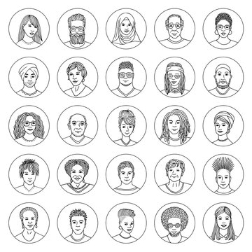 Set of 25 hand drawn avatars, colorful and diverse portraits of people of different ethnicities