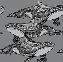 Seamless pattern with whales. Coloring for children, meditative coloring. Doodling, mandala pattern. Drawing by hand. Stylish background. The sea pattern.