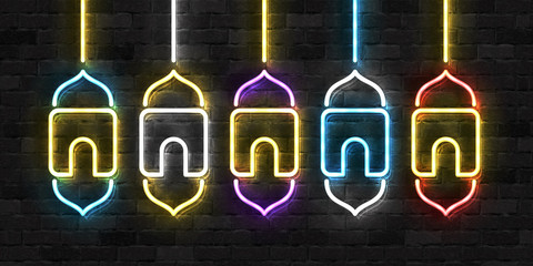 Vector set of realistic isolated neon sign of Islamic Lamp logo for invitation decoration on the wall background. Concept of Happy Ramadan Kareem and Eid Mubarak.