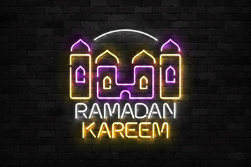 Vector realistic isolated neon sign of Ramadan Kareem with islamic city logo for invitation decoration and template covering on the wall background.