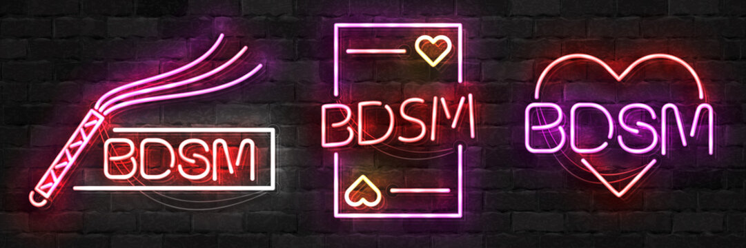 Vector Set Of Realistic Isolated Neon Sign Of BDSM Logo For Template Decoration And Layout Covering On The Wall Background.