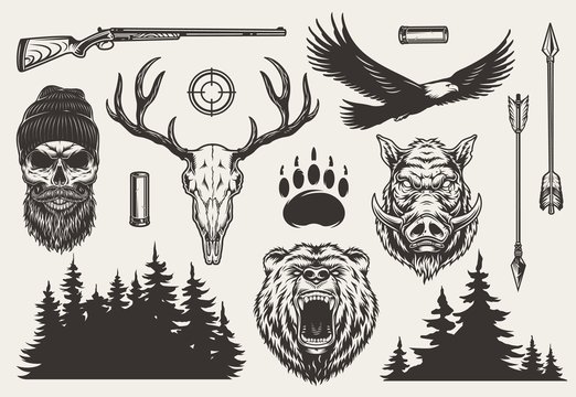 Vintage monochrome hunting elements set