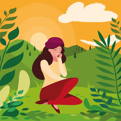 beautiful woman seated in the camp