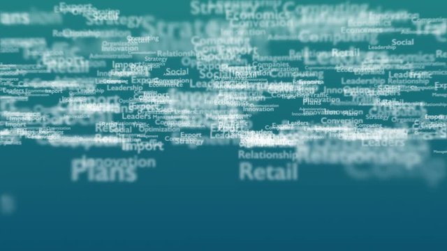 Light blue background with subject words, which deal with marketing. The bold word appears from connected concept words. Close up. Copy space. 3D. Animatiom. 4K.