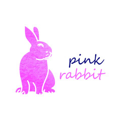 Pink rabbit on white background Watercolor illustration of a pink silhouette of a rabbit and the words