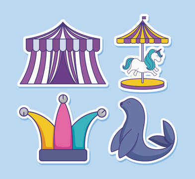 circus tent with set icons of circus