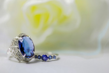 Big blue gemstone ring Placed on the wooden floor