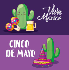 cinco de mayo celebration with cactus and set icons