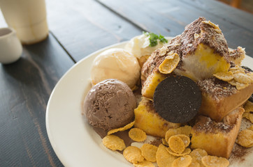 Toast Bread or Dessert and Oreo Cookies Ice Cream Cornflakes Whipped Cream Chocolate Powder Right