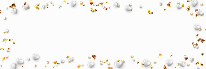 Background with white hearts and round beads strewn with golden confetti.