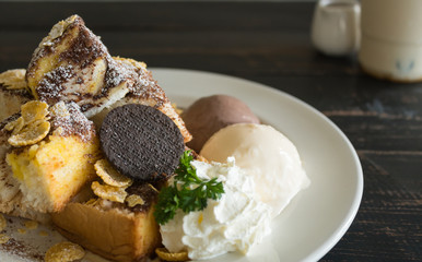 Toast Bread or Dessert and Oreo Cookies Ice Cream Cornflakes Whipped Cream Chocolate Powder Left 2