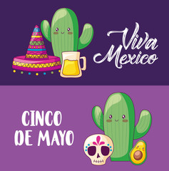 cinco de mayo celebration with cactus and set icons