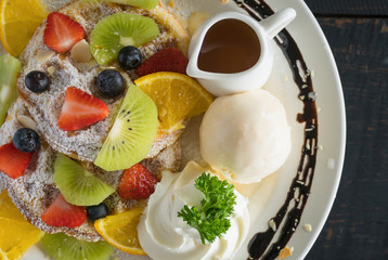 Flatlay Half Strawberry Blueberry Kiwi Lemon Waffle Ice Cream Chocolate Dessert