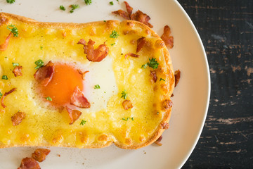 Egg Yolk Bacon Ham Cheese Bread Toast and Coriander for Breakfast Flatlay Half 3