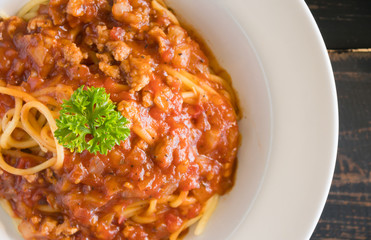 Spaghetti Tomato Sauce with Parsley and Onion and Pork Flatlay Half