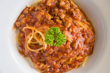 Spaghetti Tomato Sauce with Parsley and Onion and Pork Left Flatlay Center