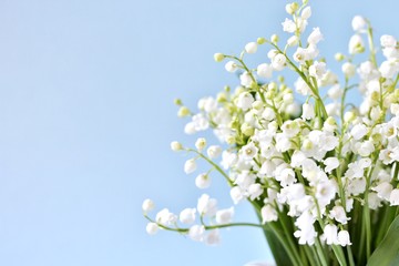 Lily of the valley on a blue background. a holiday of lilies of the valley on May, 1st - the French tradition. place for text. copy space.
