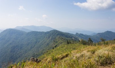 Phu Chi Fa Forest Park with Grass Field Green Mountain Sky and Cloud Wide