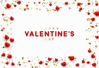 Background with red hearts and round beads strewn with golden confetti