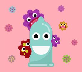 condom prevention sexual transmitted disease concept. happy condom with many virus. vector illustration