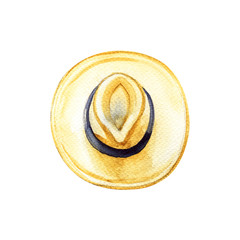 Yellow straw beach sun hat with black ribbon, summer accessory, isolated object, summer vacation and travel symbol, hand drawn watercolor illustration on white background