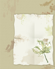 Empty Surface with Abstract Stains and Chestnut Leaf. Botanical Artwork on Paper Textured Background with Blank Space for Text. Great for Creative Graphic Design, Print, and Announcement.