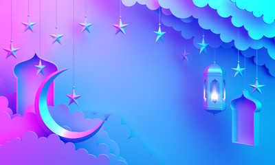 Obraz na płótnie Canvas Arabic lantern, cloud, crescent star, window on blue pink gradient background copy space text. Design creative concept for islamic celebration day ramadan kareem or eid al fitr adha. 3d render.
