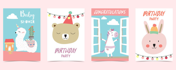 pastel card with unicorn,star,bear,llama,rabbit