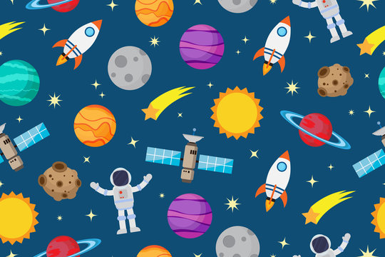 Seamless pattern of astronauts and planet in space galaxy background - Vector illustration