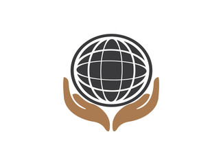 planet lines map with hands world envirenment care for logo design vector, protect the globe icon, save earth symbol