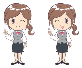 ビジネスウーマン　若い女性　指さし　ポイント　制服　全身　ウインク