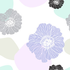 Floral abstract seamless pattern with blobs abstract and flowers in hand drawn style on white background. Light colorful vector illustration.
