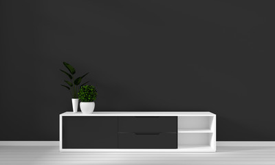 Tv on wooden cabinet in modern empty room and white wall on white floor room japanese style. 3d rendering