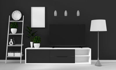 Tv on wooden cabinet in modern empty room and white wall on white floor room japanese style. 3d rendering