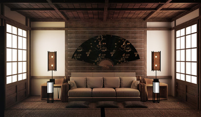 interior design,modern living room with sofa on tatami mat and traditional japanese.3D rendering